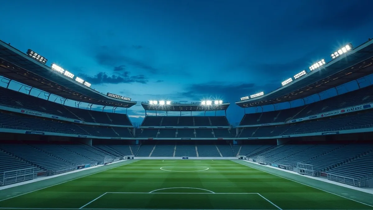 Stade de football au bord de la mer au crépuscule, ambiance méditerranéenne